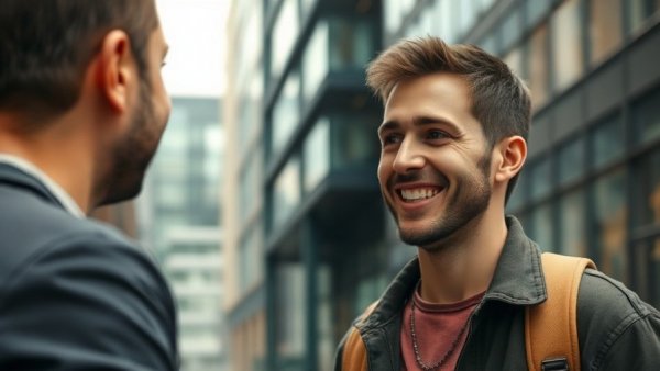 Smiling young man conversing outdoors, urban setting.