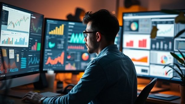 Focused freelancer analyzing screens for affiliate marketing tips at home.