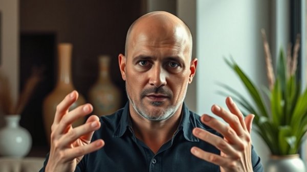 Bald man discussing benefits of red light therapy for skin indoors.