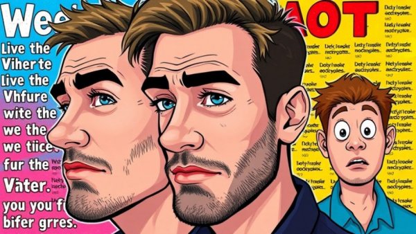 Colorful image comparing similar faces and a surprised observer for cosmetic surgery topic.