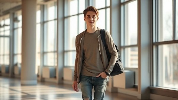 Modern interior with natural lighting focused on person walking.