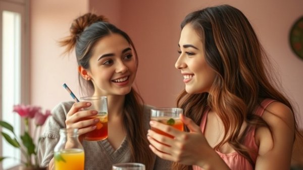 Young woman discussing Wonyoung’s Morning Beauty Drink in a pastel room.