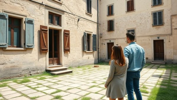 Modern building construction concept: old stone building observed by two people.