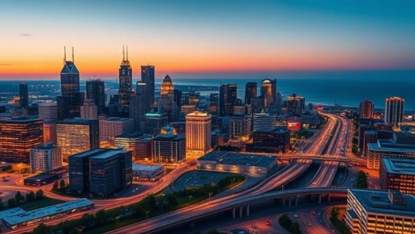 Milwaukee skyline with highways at dusk, highlighting city unionization.