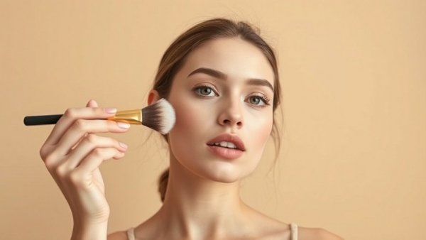 Woman demonstrating quick makeup application, perfect for busy mornings.