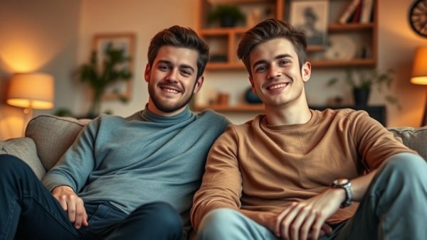 Two young men sitting relaxed in a cozy living room setting.