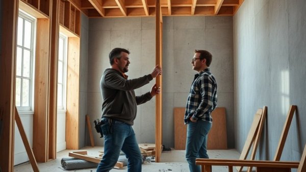 Interior construction showing foundation construction methods, two men working and discussing beam placement.