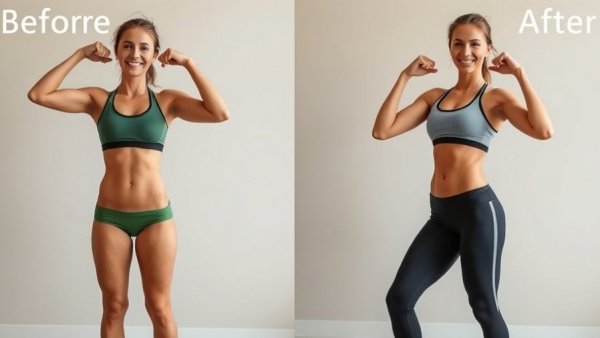 Personalized nutrition coaching results; before and after transformation photos.