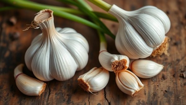 Garlic bulbs and cloves on wooden surface, a food to kill parasites fast.