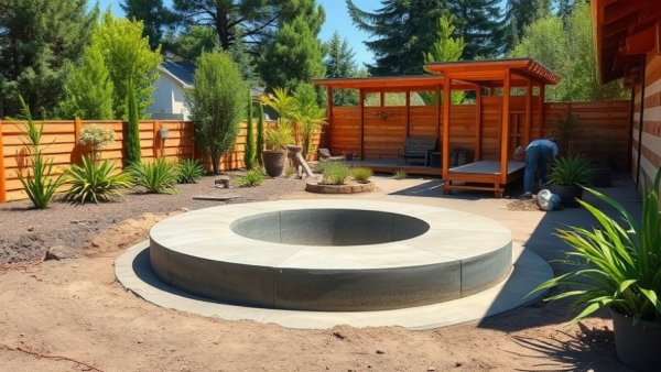 Concrete hot tub pad foundation installation in outdoor setting.