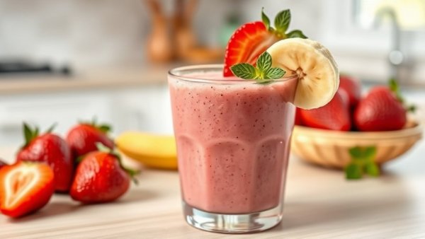 High-protein strawberry smoothie with fresh fruit garnish.