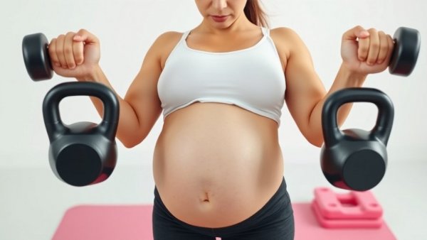 Pregnant woman doing safe kettlebell workout in bright room.
