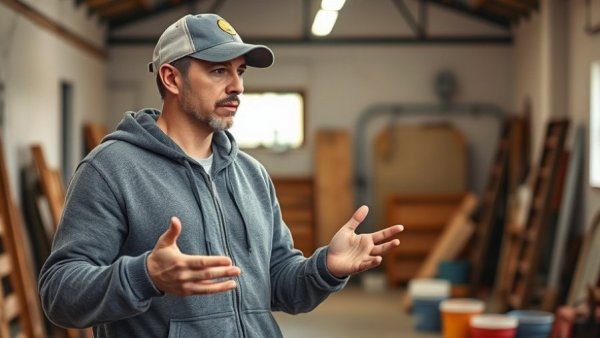 Man explaining protective coatings for buildings in a workshop.