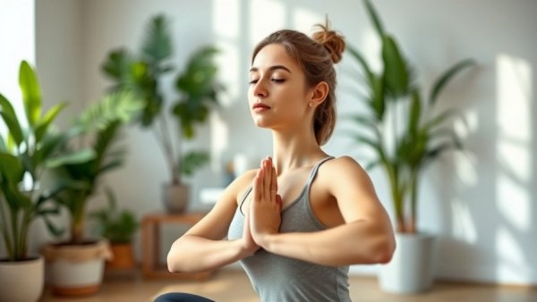 Woman practicing daily morning yoga routine in calm indoor setting.
