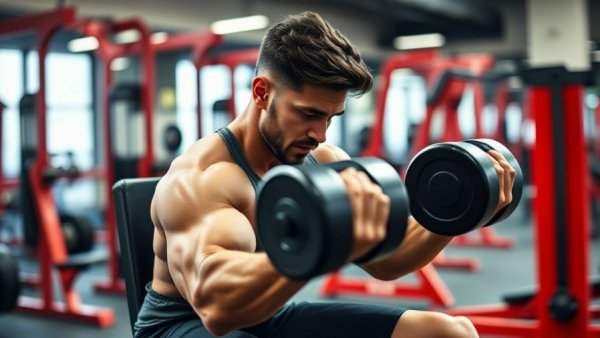 Man performing chest workout with dumbbells, inclined bench, gym setting.