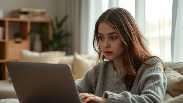 Young woman focused on researching aesthetic treatments on laptop.