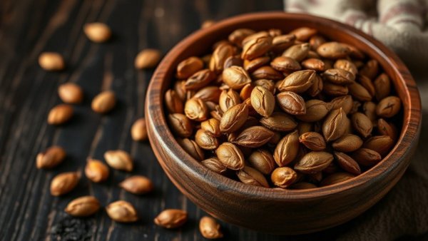 Roasted pumpkin seeds in a wooden bowl, best foods to eat before bed after 60.