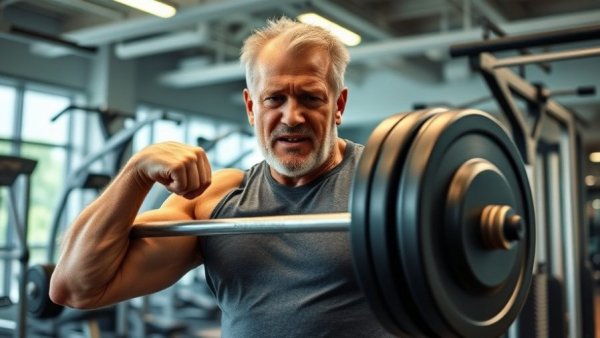 Middle-aged man lifting weights in a gym, professional diet and nutrition advice.