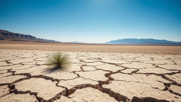 Arid desert with cracked earth and tumbleweed under a clear sky.