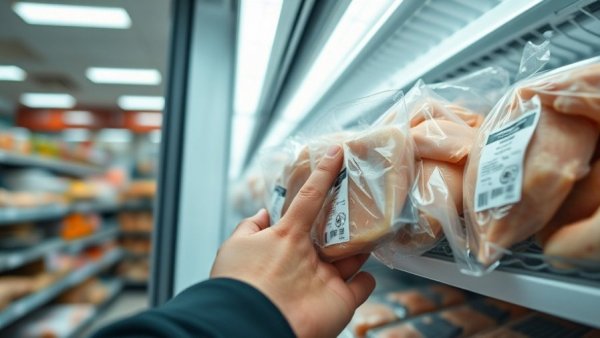 Person selecting packaged frozen chicken in a grocery store.
