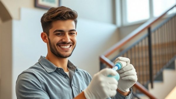 Man applying protective coatings, staircase indoors.