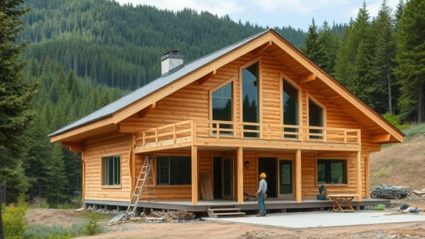 Sustainable building methods in action with wooden structure under construction.