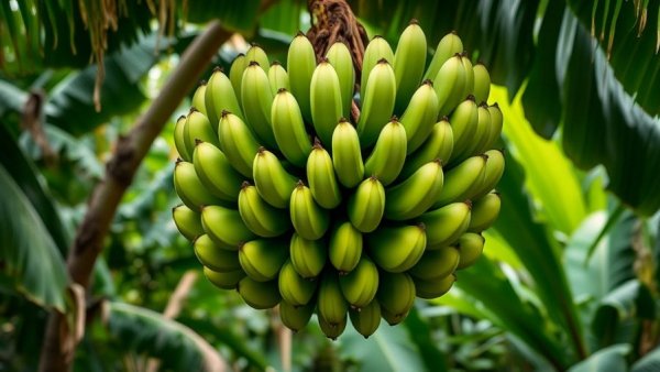 Green bananas hanging in a tropical forest; showcasing green bananas benefits.