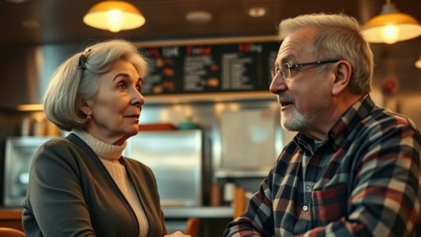 Surprised diner staff interacting with a customer in a kitchen.