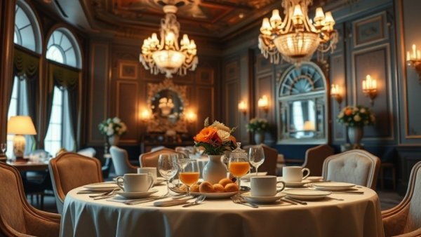Luxurious breakfast setting in ornate hotel dining room.