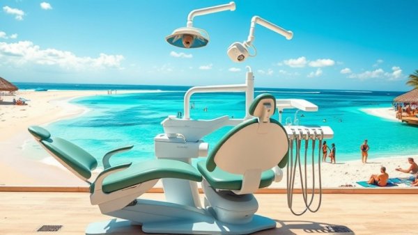 Dental tourism Mexico reviews explained with dental chair and beach.