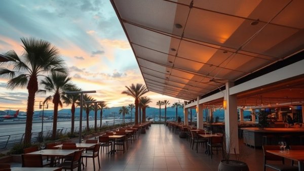 Modern airport dining area showcasing outdoor seating and design trends.