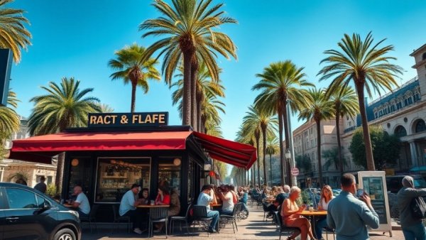 Modern high-end espresso bar with patrons enjoying coffee under clear sky.