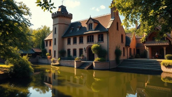 Charming historic hostel in the Netherlands with a tower and greenery.
