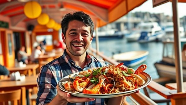 Seafood platter at a lively waterfront restaurant, vibrant marina.