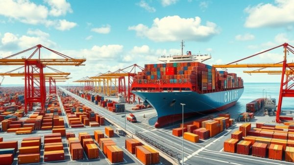 Mega port with bustling activity and container ship in civil engineering project.