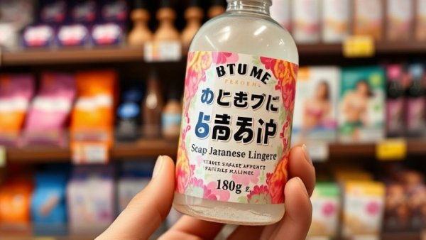 Colorful Japanese lingerie soap bottle held in hand, store shelf.