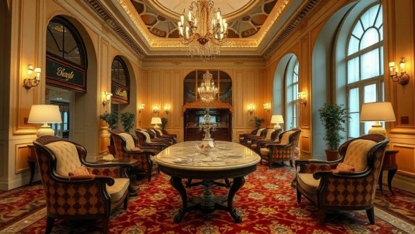 Luxurious Victorian-style hotel lobby with plush seating, business hotels