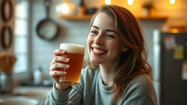 Woman enjoying a drink for acne healing and gut health, warm kitchen scene.