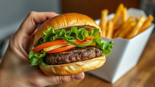 Close-up of hamburger and fries, focus on restaurant food.