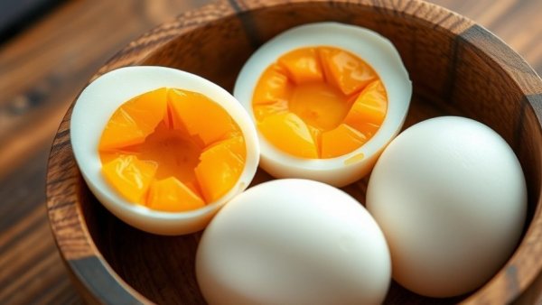 Three eggs in bowl, boiled and raw with cholesterol text.
