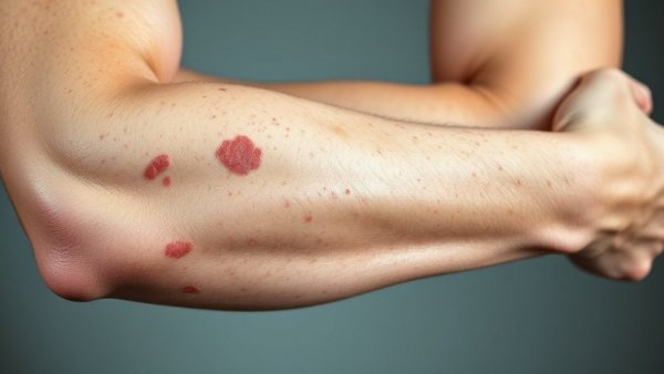 Close-up of psoriasis plaques on elbows highlighting skin detail.