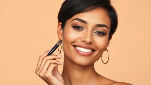 Confident woman demonstrating makeup tutorial for beginners.