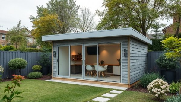 Modern garden office and storage installation in landscaped yard.