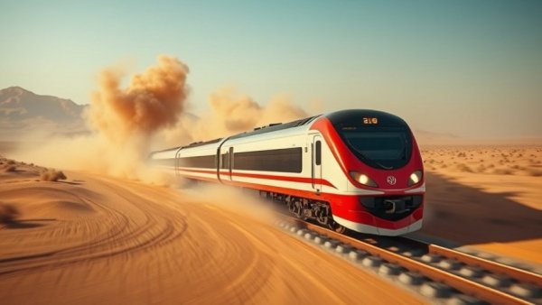 High-speed train in desert, showcasing civil engineering projects.