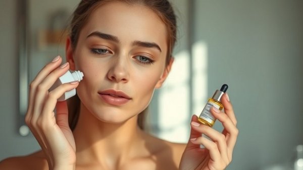 Young woman applies facial serum following makeup trends for all ages.