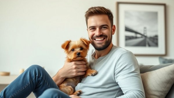 Man holding dog indoors with artwork in a cosmetic surgery setting