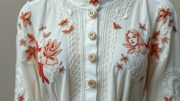 Delicate embroidered garment with lace details and portraits