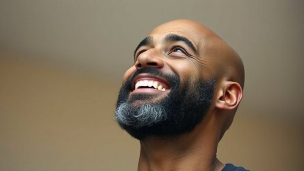 Bald man with beard smiling, softly lit, indoors.