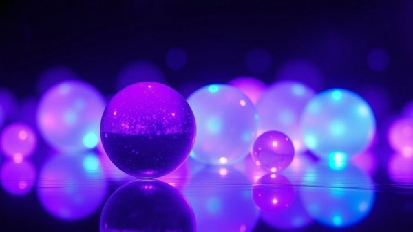 Ethereal glowing spheres in a dark reflective background.