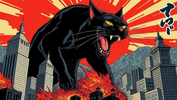 Retro cat monster comic illustration for social media cover.